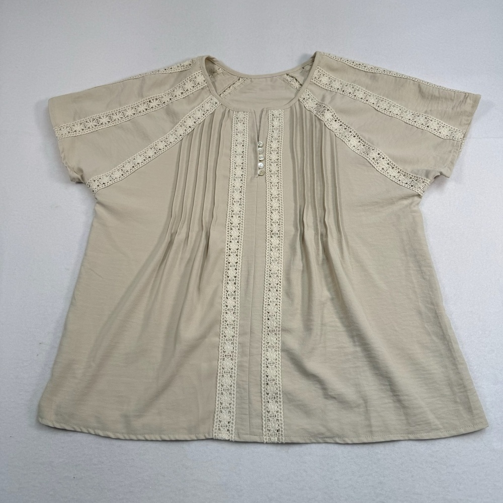 Short Sleeve Floral Lace Embroidered Blouse Womens Sz XL Maternity Cream Buttons